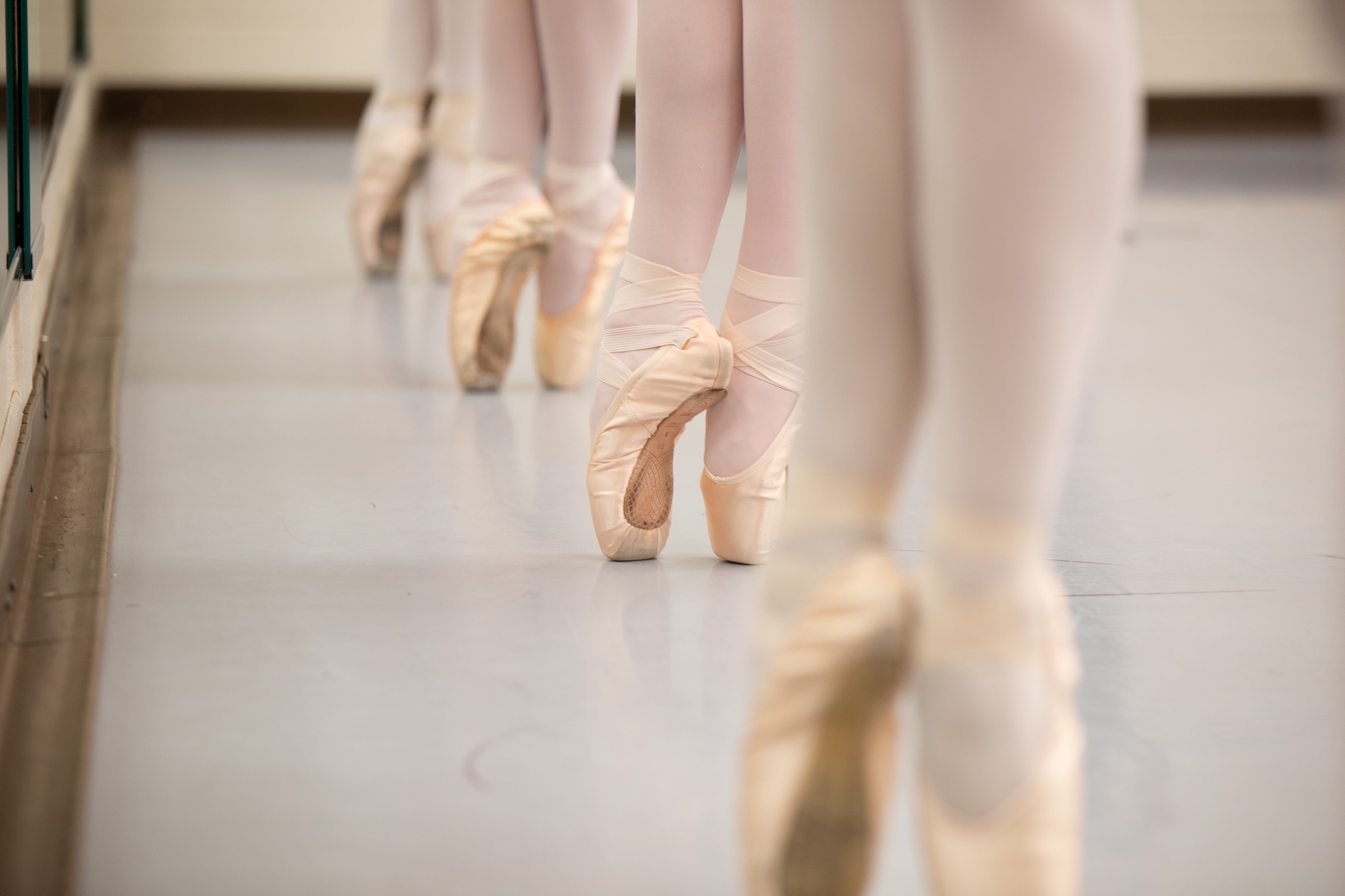 Close-up of a row of ballet dancers' feet in satin pointe shoes, rising on pointe in unison on a studio floor.
