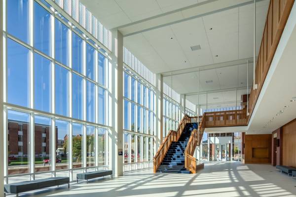 Picture inside the Jack H. Miller Center for Musical Arts with a staircase in view