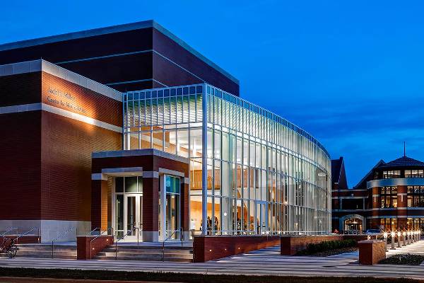 Image at an angle of the Jack H. Miller Center for Musical Arts building